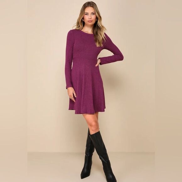 NWT Lulus Fit and Fair Mauve Purple Ribbed Knit Long Sleeve Skater Dress - Picture 10 of 10